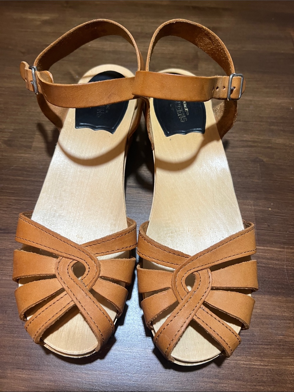 Swedish Hasbeens Cognac Leather Knotted Strap Wooden Sandals